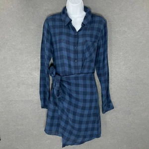 Sanctuary Wrap Shirt Dress Womens Sz XS Linen Plaid Blue Boyfriend Flannel Style - Picture 1 of 14