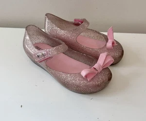 Mini Melissa Sz 10 Girls UltraGirl Bow Peep Toe Mary Jane Flats Pink Glitter - Picture 1 of 9