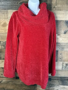 Weiche Umrandung Pullover Damen L rot Chenille Pulli Wasserfallausschnitt Knopf kuschelig - Bild 1 von 7