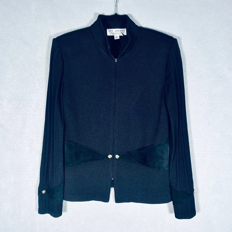 Винтажный St John куртка женщин 8 черный полный молнии блейзер ребристые рукава старые деньги - Изображение 1 из 4