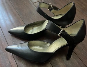 Leather Pointy Toe Fasten Heels Pumps Black work career Shoes - Picture 1 of 8