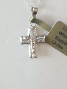 White Sapphire Labcreated Emerald Cut Jesus Cross Pendant 10kt Solid White Gold - Picture 1 of 12