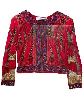 Vintage Laurence Kazar Silk Beaded Red Blazer/Jacket With Tassel Design Size M - Picture 1 of 12