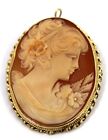 Large Vintage Shell Cameo in 14K Yellow Gold Brooch Pendant Frame