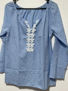 Unbranded Top Size XL Blue With White Flowers V Neck Long Sleeve Casual Tassels - Picture 1 of 9