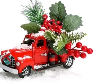 Decoración de camioneta pickup vintage de metal rojo con pino artificial Navidad/vacaciones - Imagen 1 de 3