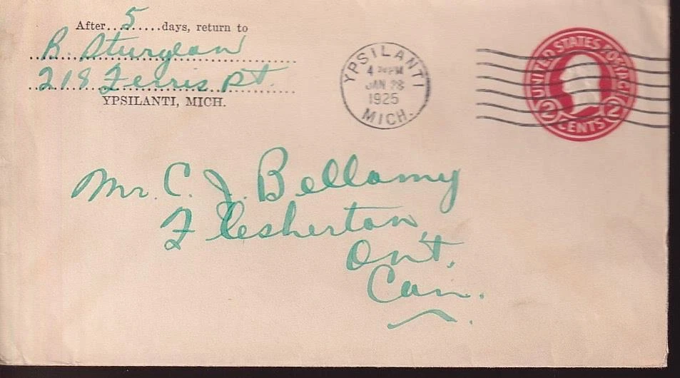 USA 1925 Washington 2¢ Postal Stationery envelope, Ypsilanti MI to Flesherton ON - Image 1 of 1