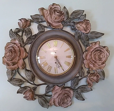 Syroco Wall Clock MCM Pink Roses 18" Diameter ~ NO TURN KEY Cover