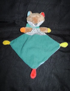 🍀Doudou Plat Renard MOTS D'ENFANTS Losange Vert 3 Nœuds Echarpe Velours TTBE - Picture 1 of 2
