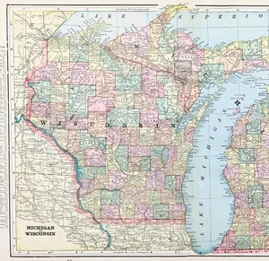 1899 MICHIGAN WISCONSIN Map ORIGINAL (18x12) UPPER PENINSULA Lake Superior - Picture 1 of 4