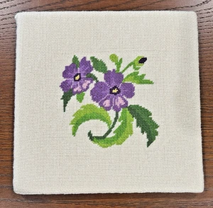 Needlepoint of Purple Violet Flowers Adhered to Foam Board Granny Cottage Core - Picture 1 of 4