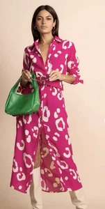 Dancing Leopard Alva Midi Shirt Dress In Oversized Leopard Cream On Beetroot 10 - Picture 1 of 15