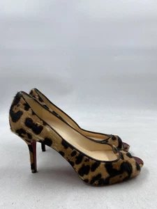 Christian Louboutin Brown Leopard Pony Hair Peep Toe Pump W 5.5 - Picture 1 of 9