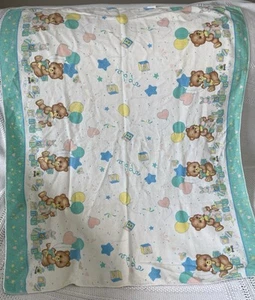 Vtg Riegel Flannel Teddy Beddy Bear Baby Blanket Receiving 28x33 Pastel Blocks - Picture 1 of 5