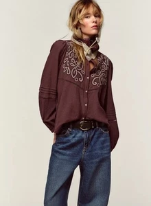 ZARA NEU MIT ETIKETT BESTICKT 100 % BAUMWOLLE BURGUNDERROT LATZ BLUSE GRÖSSE SMALL RET $ 60 - Bild 1 von 11