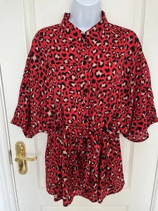 Papaya - Size 16 - Red Animal Print Short Sleeved Collared Blouse - Picture 1 of 12