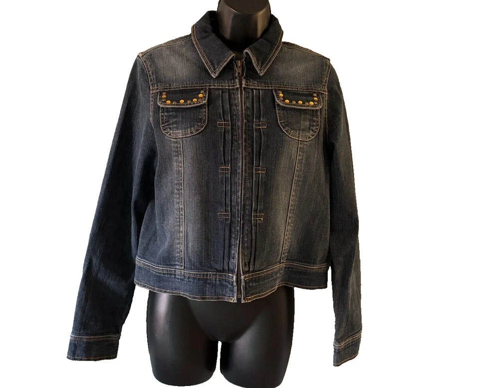 Ruff Hewen Denim Jacket Womens Size Medium Full Zip Jeweled Accent Pockets - Image 1 of 4
