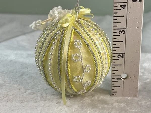 Yellow & White Pearl Beaded Ball Ornament MCM Handcrafted Ribbon Lace Approx 4" - Picture 1 of 6