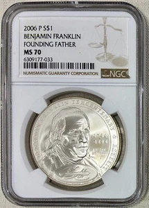 2006-P Benjamin Franklin Founding Father Commemorative Silver Dollar, NGC MS-70 - Picture 1 of 2