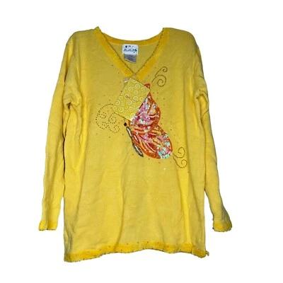 Quacker Factory Womens Sweater Large Yellow Tunic Beaded Sequin V Neck NWT - Image 1 of 4