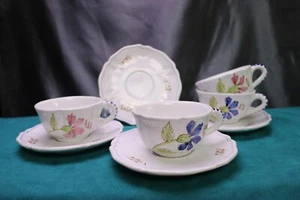 CANTAGALLI Pottery Cups & Saucers Set of 4 Pink Floral Blue Flowers Ring Italian - Picture 1 of 6