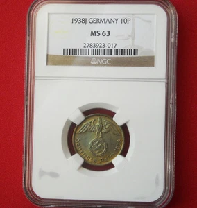 NGC MS-63 NAZI SWASTIKA 1938-J 10 ReichPfennig COIN-Germany 3rd-REICH MINT!! - Picture 1 of 4