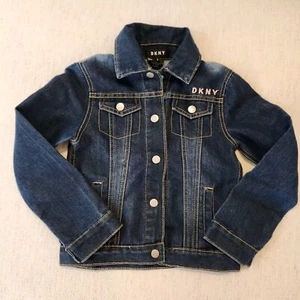DKNY girl’s size 6 Dark Blue Jean Denim Jacket Pink Embroidered Logo - Picture 1 of 5
