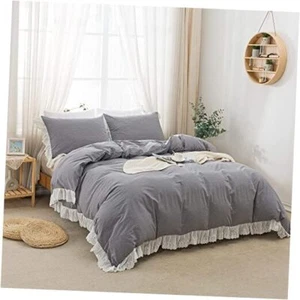 Softta Vintage 3Pcs Duvet Cover Bedding Set White Lace Ruffle Queen Formal Grey - Picture 1 of 7
