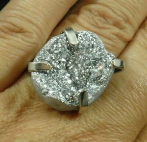 Funkelnder silberbeschichteter druzy achat nuggety großer Fingerring verstellbar Größe 8+ - Bild 1 von 5