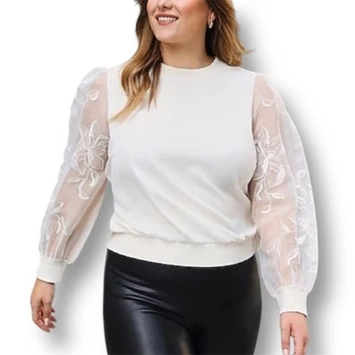 Blusa Express XL Marfil Transparente Floral Bordada Manga Romántica Cottagecore Top Foto 1 de 4