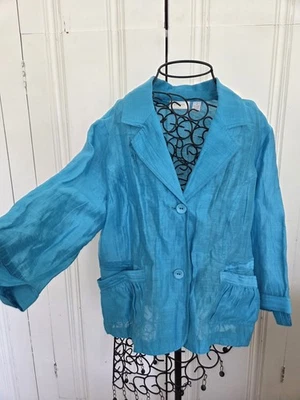 Chico’s linen blend blazer jacket sheer blue turquoise large cottagecore beach - Image 1 of 4