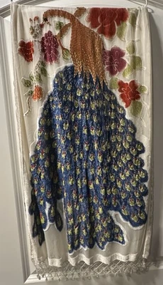 Vintage Hand Beaded Velvet Sheer Peacock Shawl Scarf Multicolor 64”x 20” *AS IS - Image 1 of 4