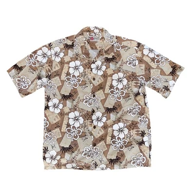 Camisa para hombre Hilo Hattie manga corta abotonada floral grande marrón blanco verde azulado de colección Foto 1 de 4