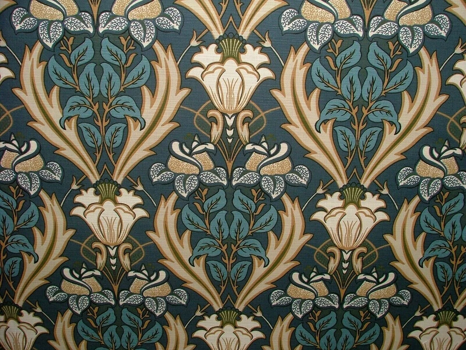 10 Metres Art Nouveau Acanthus Navy Blue Cotton Curtain Upholstery Blind Fabric - Image 1 of 4