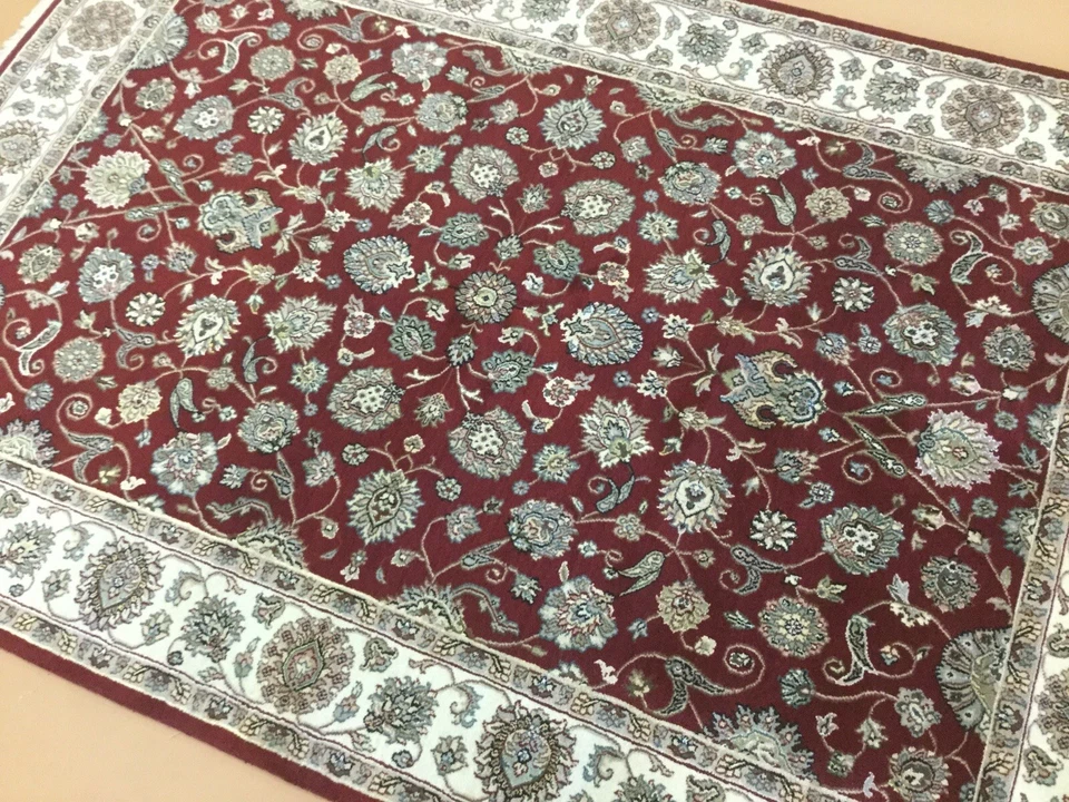 5’.0”x 7’.3” Red Beige All-Over Floral Oriental Rug Hand Knotted Wool Home Study - Image 1 of 4