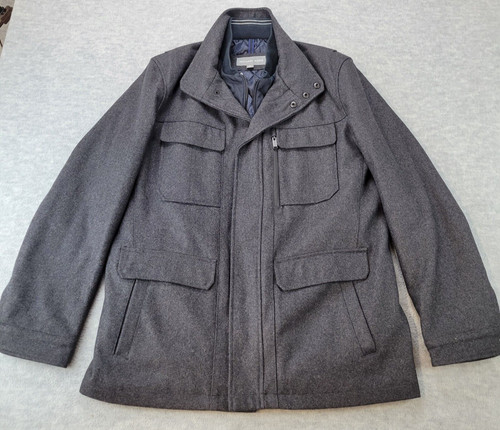 Michael Kors Pea Coat Gray Wool Blend Black Quilted Lining Mens Size Large