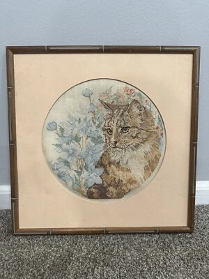 Vntg Tabby Kitten Blue Flowers Lanarte Delma Cross Stitch In Wooden Frame 14x14 - Image 1 of 4