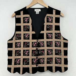 VAN HEUSEN Vest Womens L Velvet Floral Embroidery Western Boho Cotton Black Vtg - Picture 1 of 12