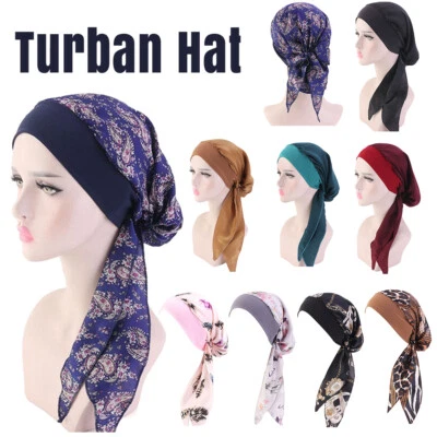 Pre-Tied Turban Hat Headwear Hair Loss Muslim Hijab Cancer Head Scarf Chemo Cap - Image 1 of 4