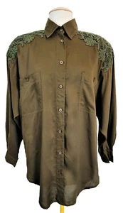 Together Vintage 1980er Jahre Bluse Shirt Damen M olivgrün Spitze Schulterpolster - Bild 1 von 13