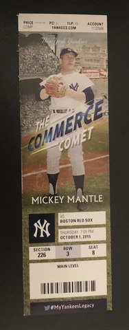 2015 NY Yankees Full Ticket Stub 10,000 Wins Mickey Mantle Photo 10/1/15 NM+ Cover
