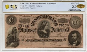 T-65 PF-1 1864 $100 Confederate Paper Money - PCGS-B About Unc 55 - CHOICE! - Picture 1 of 2