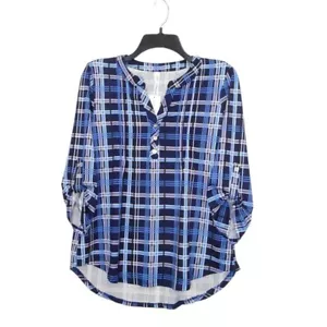 NY Collection Top Damen S blau 3/4-Rollriegelärmel Biesen Henley kariert Freizeit - Bild 1 von 14