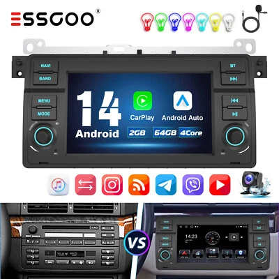 7" Carplay Stereo Android 14 2+64G GPS NAV RDS +Camera For BMW E46 3 318 320 325 - Image 1 of 4