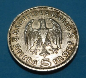 1936-g Third Reich GERMANY 5 MARK COIN - EAGLE & HINDENBURG - SILVER - Picture 1 of 2
