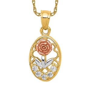 10K Solid Two Tone Gold CZ Rose Flower Necklace - Picture 1 of 3
