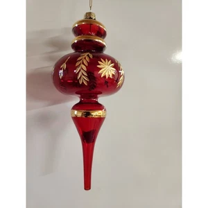 Decorazione Albero di Natale Soffiato a Mano Rubino Vetro Rosso Ghiaccio Foglia Oro 8"L - Foto 1 di 3