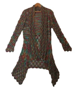 Long Cardigan Womens Medium Peacock Crochet Sweater Scallop Edges Rainbow Retro - Picture 1 of 14