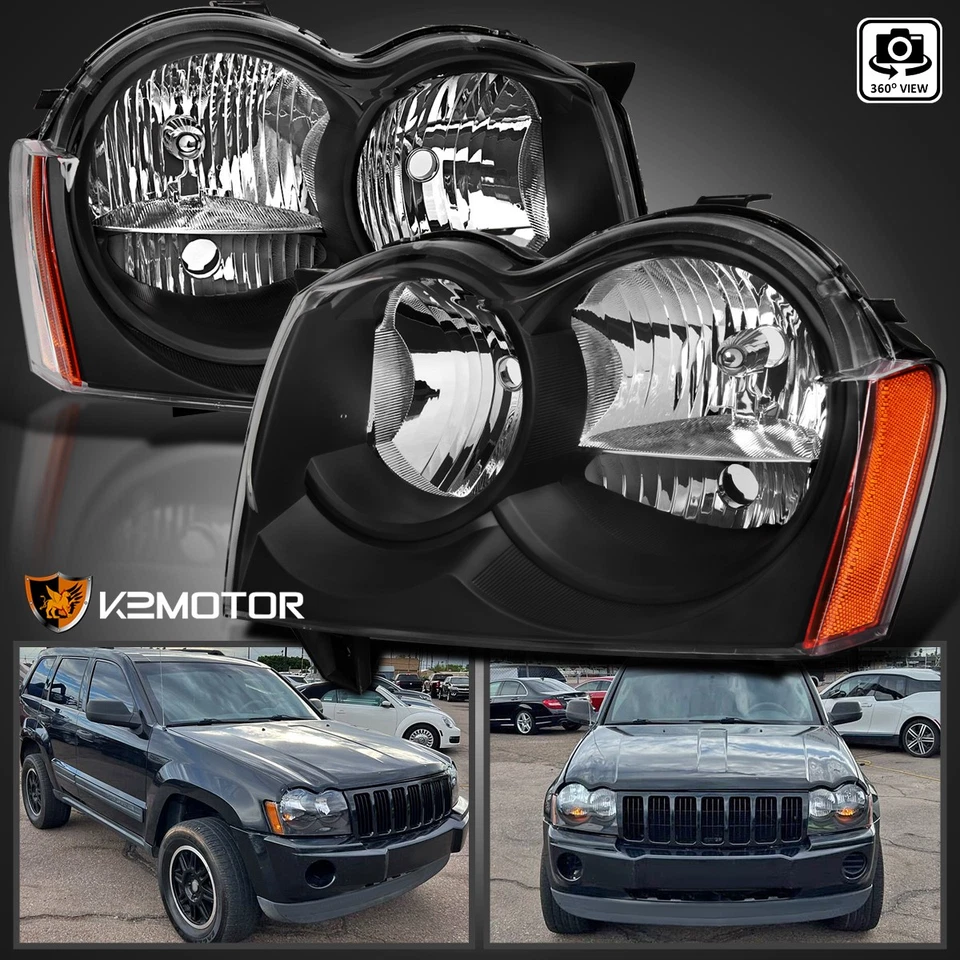 Fits 2005 2006 2007 Jeep Grand Cherokee Headlights Headlamps Black Left+Right - Image 1 of 4
