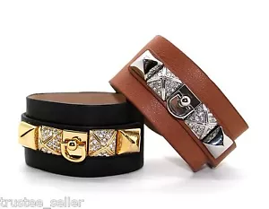 Juicy Couture Mode Swarvoski Kristalle Pave Nieten Leder Wickel Armband Manschette - Bild 1 von 8
